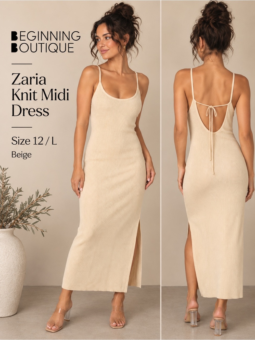 Beginning Boutique Zaria Beige Ribbed Knit Midi Dress Size 12/L NWT